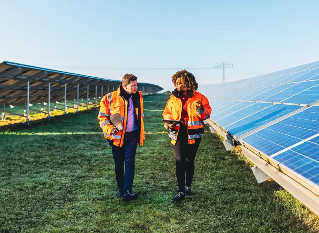 Two people walking through a solar farm