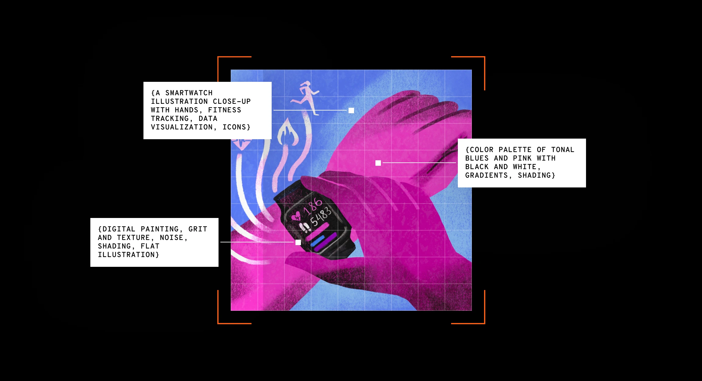 Close-up digital painting of a smartwatch on a magenta hand, with a blue grid background and white annotation boxes describing design elements.