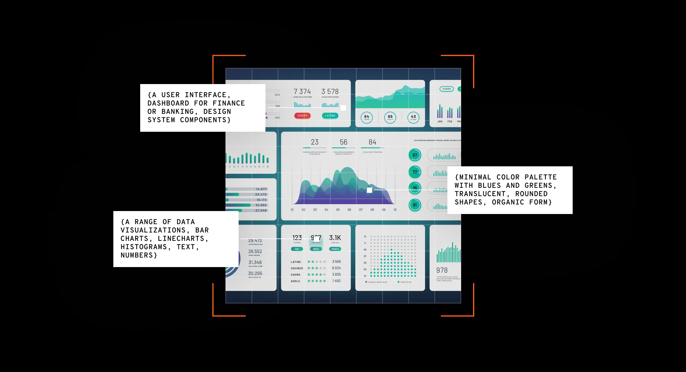 Collage of finance dashboard panels with charts and graphs, overlaid with notes about UI components and color palette.