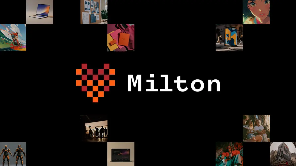 Milton branding: pixel-art orange heart logo with the word Milton on a black background, surrounded by small collage thumbnails.